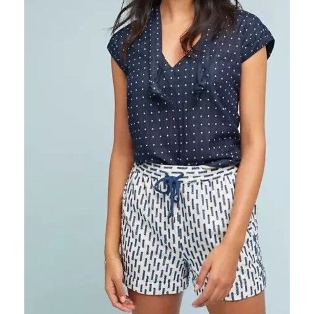 Anthropologie White Navy Panella Textured Shorts Pockets linen‎ Blend 3" Size S